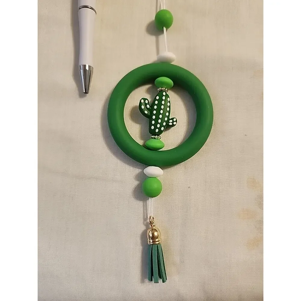 Car Charm For Rear View & Bed Pen Combo Dark Green Cactus White Tassel